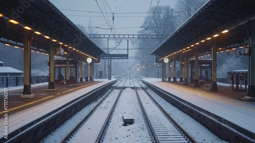 Chilled Transit, Wide Shot of a Snow-Covered Train Station, Platforms Icy and Empty, Evoking the Silence and Stillness of Public Transport in Winter