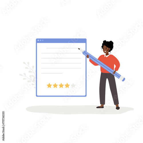Customer review concept. African woman holding huge pen and leaving comment with four stars rating. Girl standing near big dialog window in application with feedback. Vector cartoon illustration.