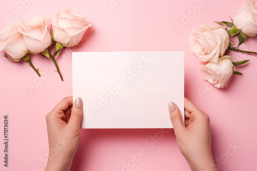 Young woman’s hands holding blank paper sheet on pink background, card mockup with copy space, Generative AI photo