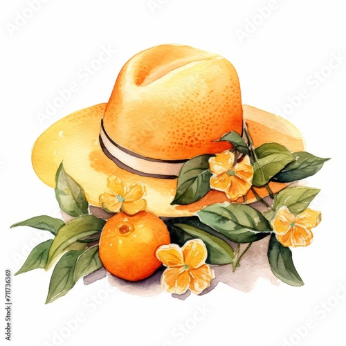 Straw hat with a ribbon, surrounded by vibrant flowers, leaves and orange, isolated on white background 