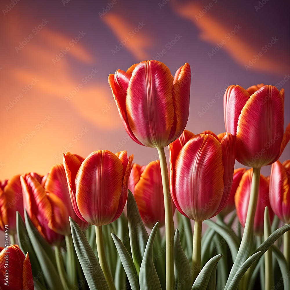 Fototapeta premium Field with red tulips, bottom view, red sunset