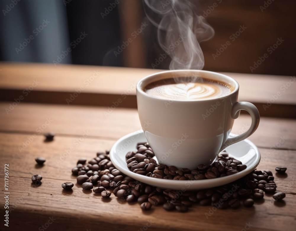 Cup of coffee on a wooden table generated by AI