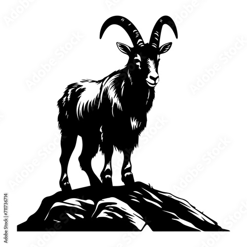 mountain goat on hills black silhouette logo svg vector, goat icon illustration.