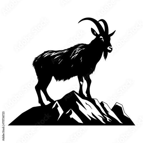 mountain goat on hills black silhouette logo svg vector, goat icon illustration.