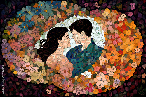 A couple in a vibrant rose petal heart, symbolizing the intricate beauty and depth of their love. Romantic, striking, and visually captivating
