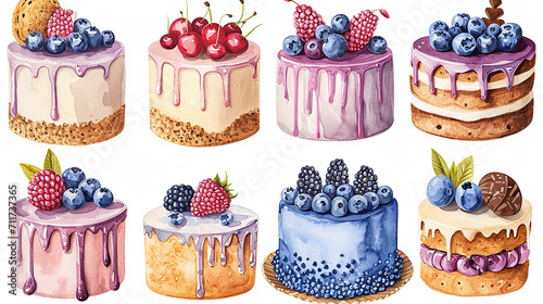 set in stile acquerello di diverse mini torte con panna fragole e mirtilli, sfondo bianco scontornabile,  photo