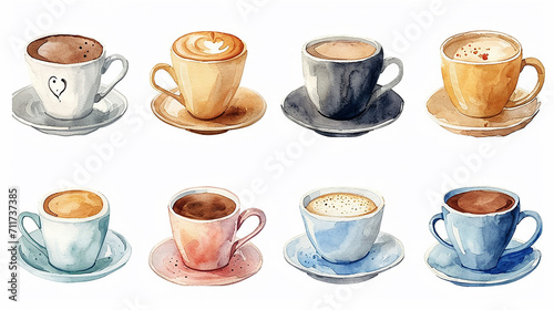 set in stile acquerello di diverse tazzine di caffè su sfondo bianco scontornabile, photo