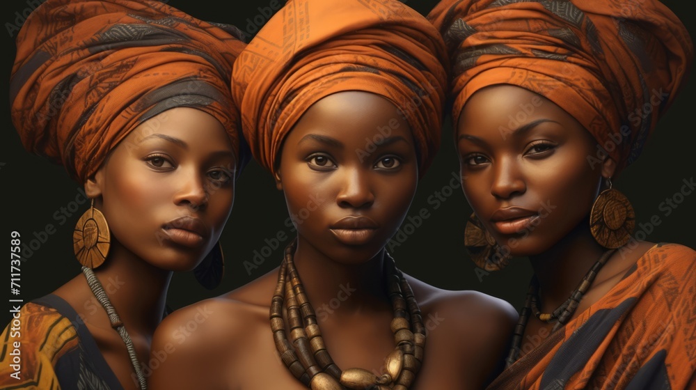 Three African American women in orange dresses. Three African American women in orange dresses.