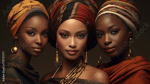 Three african women in traditional clothes. Multiethnic fashion.