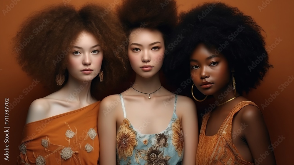 fashionable multiethnic women with afro hairstyle posing together