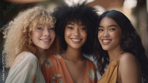 Portrait of smiling multiethnic women looking at camera and posing in city