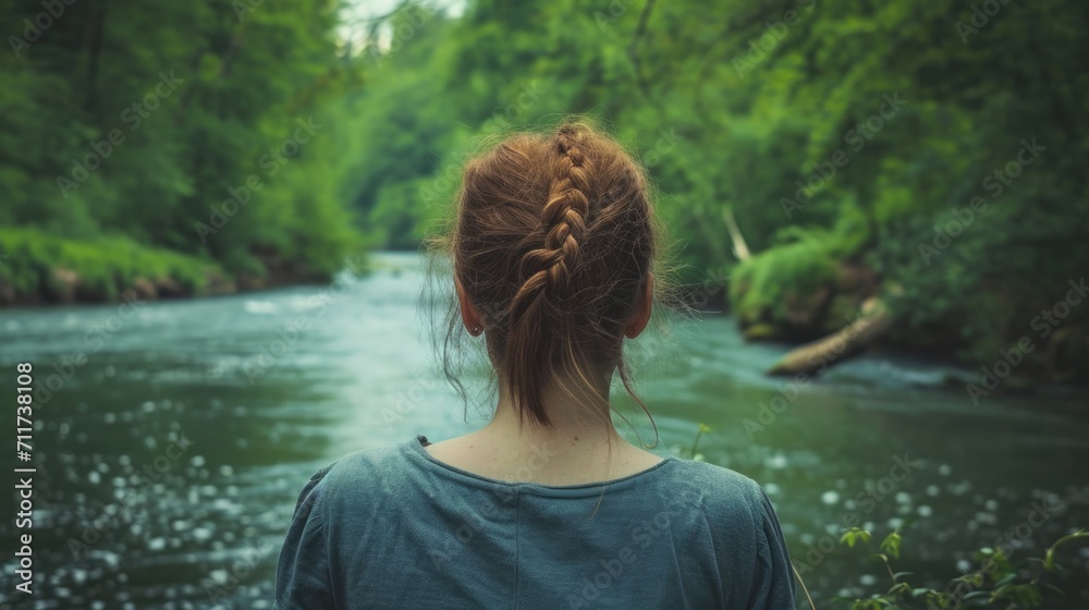 Fototapeta premium Woman on her back, enjoying the view of a serene river winding through a forest generative ai
