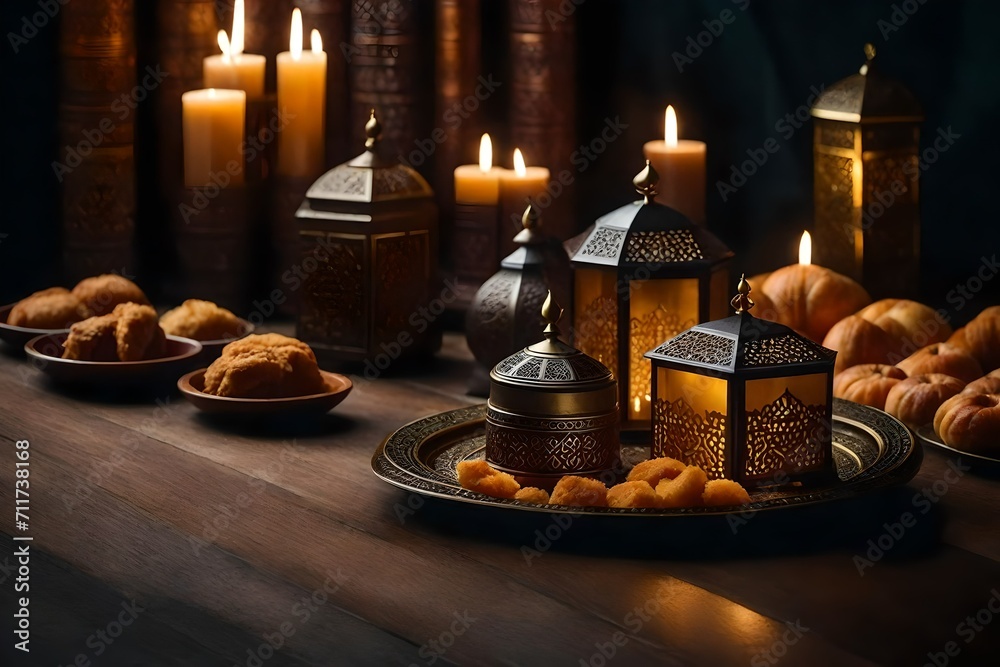 Lantern that have moon symbol on top and small plate of dates fruit with night sky and city bokeh light background for the Muslim feast of the holy month of Ramadan Kareem generated by AI