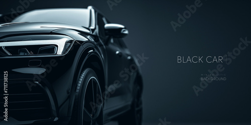 Front angle of a black SUV with LED headlights on a dark background. © Alena