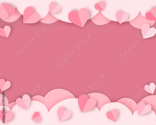 Flying paper cut heart pink background, love, valentine decoration, greeting card, copy space