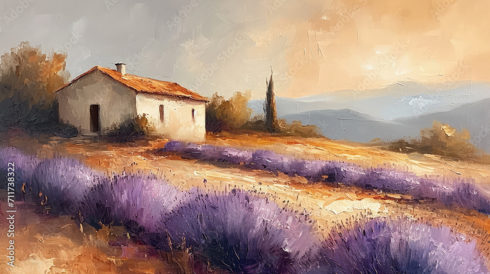 Evocative painting of a rustic house overlooking a lush lavender field, with a gentle mountainous horizon and a warm, golden sky. - obrazy, fototapety, plakaty 