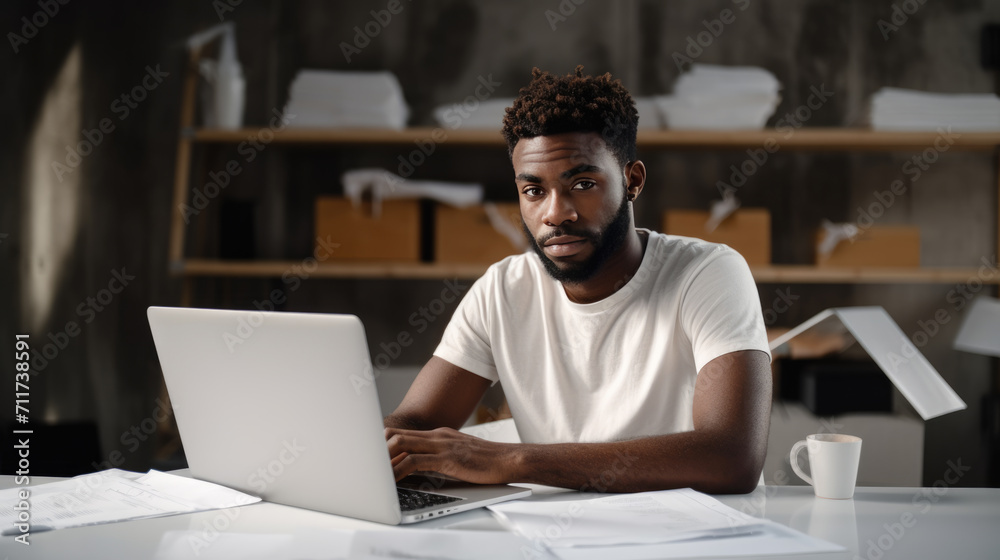 Concentrated man reading papers in front of an open laptop, indicative of working from home or managing personal paperwork in a home office setting. Concentrated man reading papers in front of an open laptop, indicative of working from home or managing personal paperwork in a home office setting.