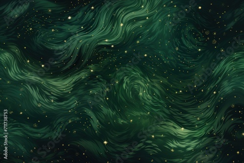 Green magic starry night. Seamless vector pattern with stars texture marble