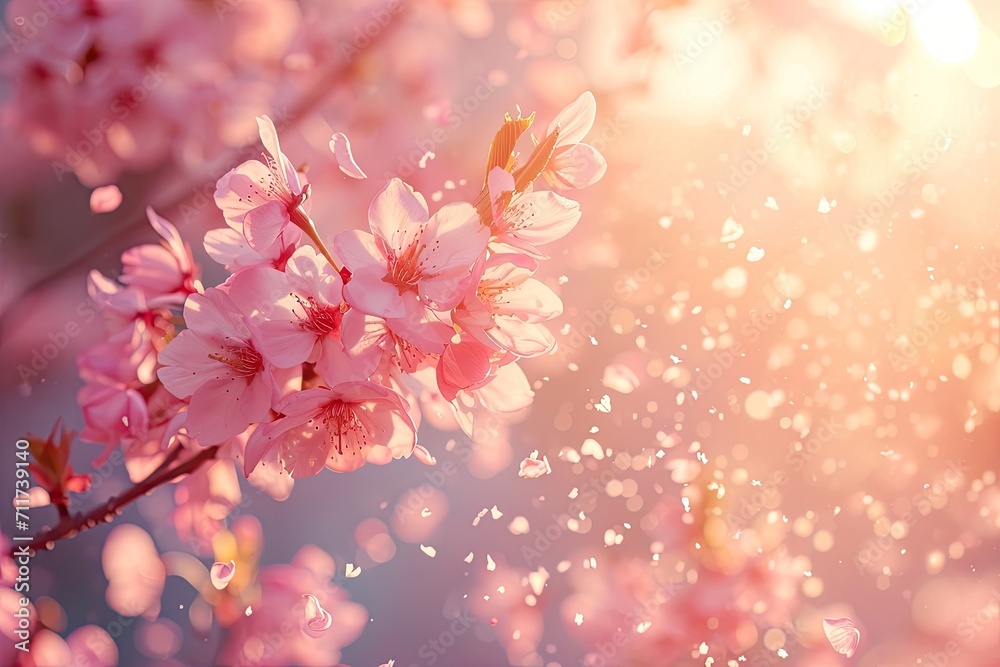 A close-up of a cherry blossom tree in soft sunlight with petals falling gently Cherry tree blossom in spring . Cherry blossom tree in bloom flowering macro detail