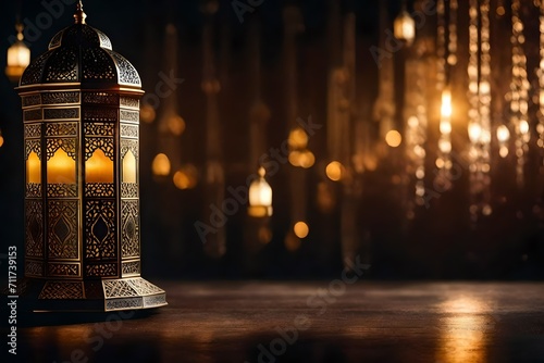 Lantern that have moon symbol on top and small plate of dates fruit with night sky and city bokeh light background for the Muslim feast of the holy month of Ramadan Kareem generated by AI photo