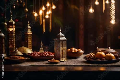 Lantern that have moon symbol on top and small plate of dates fruit with night sky and city bokeh light background for the Muslim feast of the holy month of Ramadan Kareem generated by AI