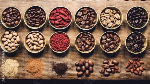 Discover the diverse world of coffee roasts with an assortment of beans laid out on a rustic wooden table. A rich visual narrative of coffee s nuanced flavors.