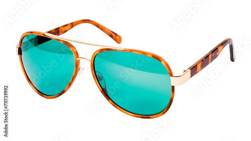 orange tortoise shell fashion sunglasses with turquoise lenses , isolated on a transparent background, side angle, mens and womens hipster summer fashion, unisex beach day and travel accessories