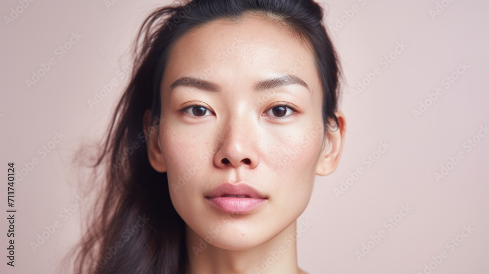 A closeup reveals the natural beauty of an Asian woman, imperfections and all. A closeup reveals the natural beauty of an Asian woman, imperfections and all.