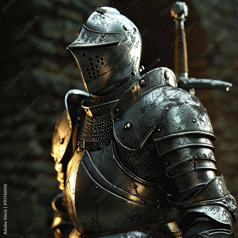 Naklejka premium Medieval knight in armor on dark background. 3d illustration.