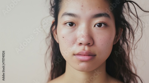 A closeup shot showcases the natural beauty and imperfections of an Asian woman.