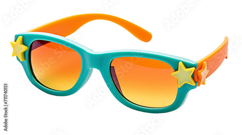 fun turquoise orange yellow pool party sunglasses with stars, isolated on a white background, side view, mens womens kids, hipster summer fashion, unisex summer concert beach accessories