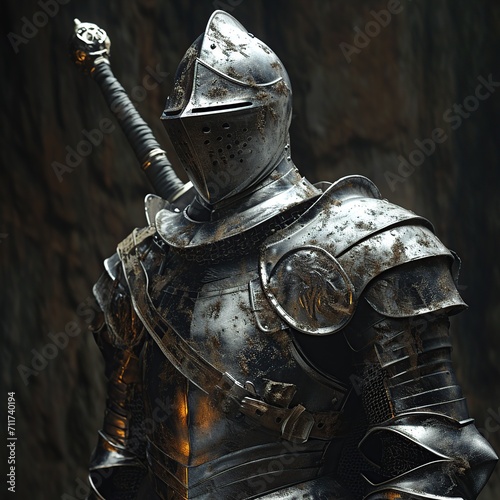 Medieval knight in armor on dark background. 3d illustration.