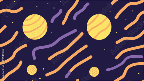 Vector illustration. Colorful background with geometric shapes. Memphis design element. Seamless pattern with planets and comets. Modern abstract backdrop.