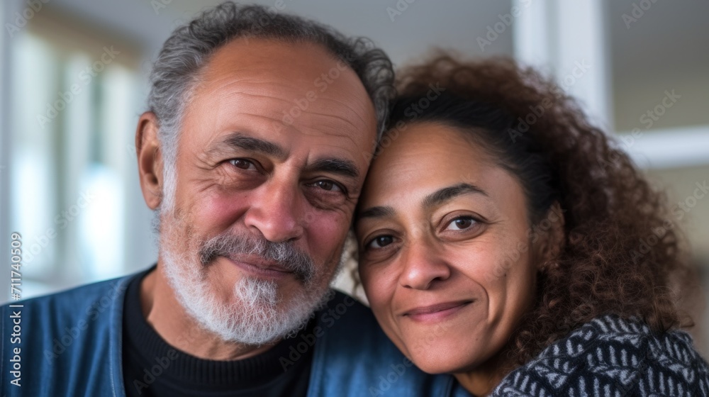 In their serene home, a 50-year-old couple expresses love through an embrace. In their serene home, a 50-year-old couple expresses love through an embrace.