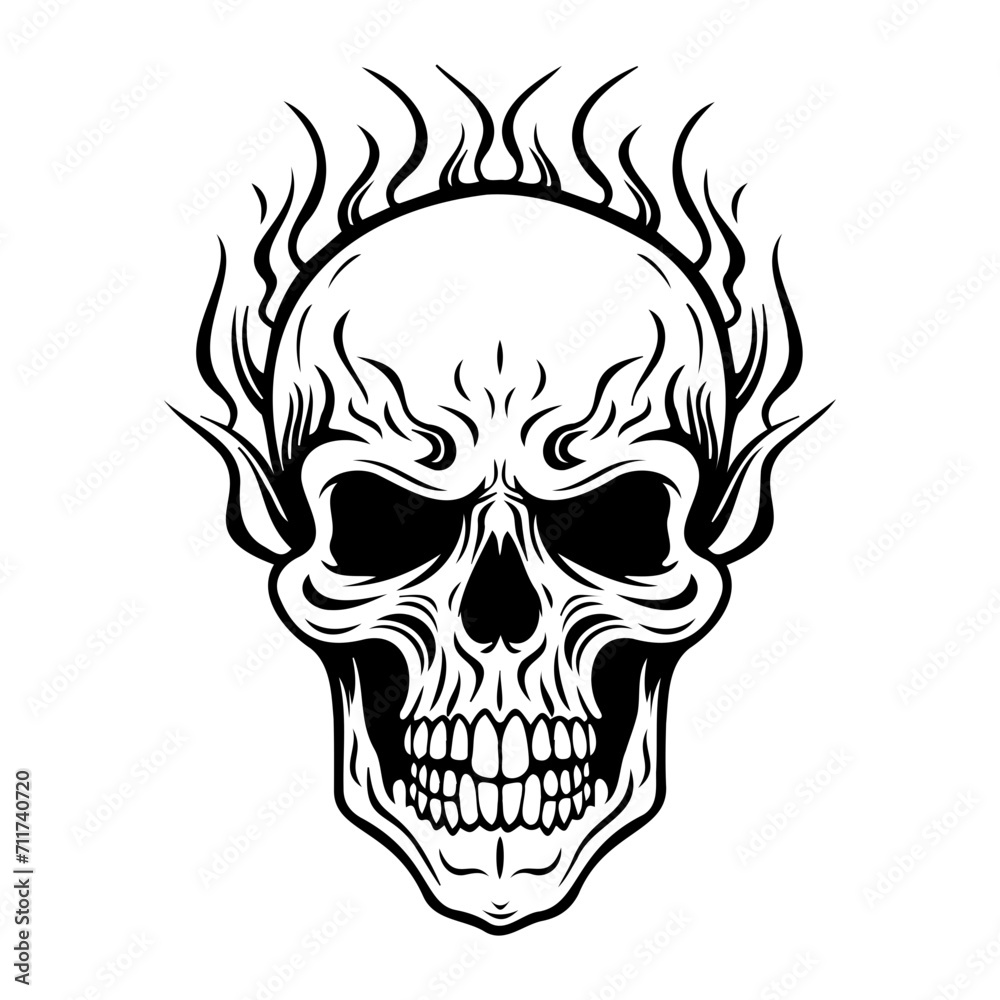 Skull in flames icon illustration, Skull in flames black silhouette logo svg vector