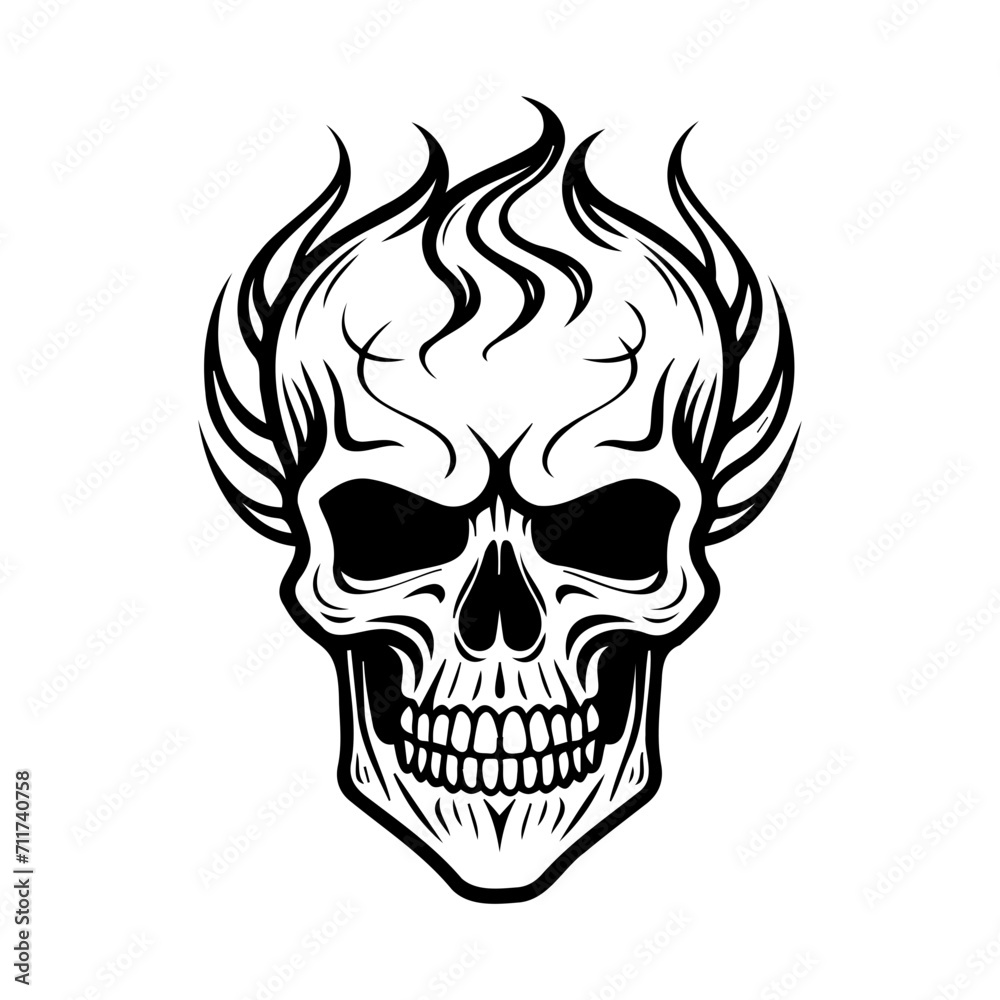 Skull in flames icon illustration, Skull in flames black silhouette logo svg vector