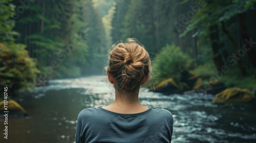 Woman on her back  enjoying the view of a serene river winding through a forest generative ai