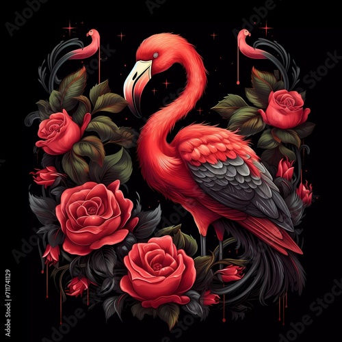 illustration of a flamingo bird with red roses on a black background. generative ai