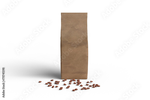 Blank coffee back with spread coffee beans on the floor mockup (ID: 711741398)