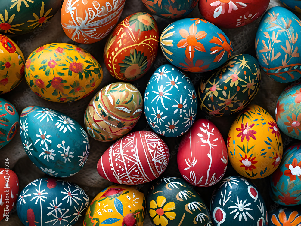 Easter eggs painted in different colors and patterns on a wodden background Easter eggs painted in different colors and patterns on a wodden background