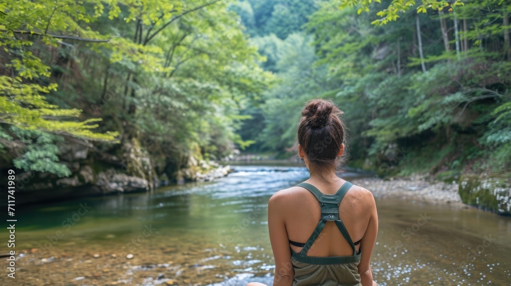 Fototapeta premium Woman on her back, enjoying the view of a serene river winding through a forest generative ai