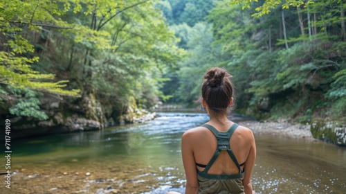 Woman on her back  enjoying the view of a serene river winding through a forest generative ai