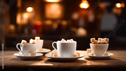 Embrace the cozy ambiance of evening with a steaming cup of coffee placed on a warm wooden table. A tranquil moment captured in a simple, elegant setting.