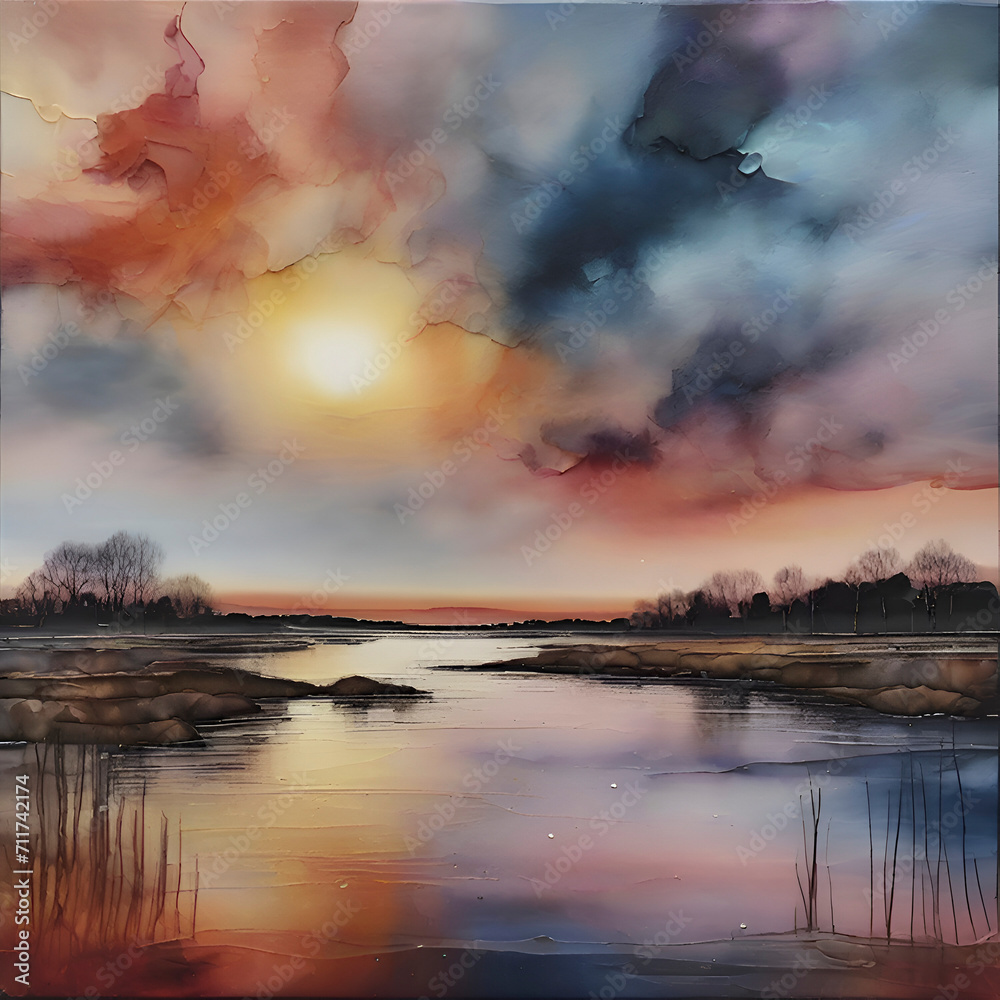 Sunset at the mouth of the river. Alcohol ink technique