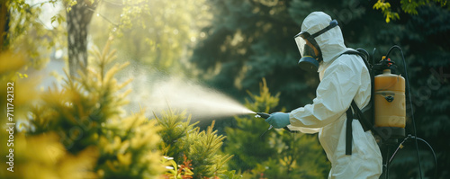 Man in protective suit spring spraying the trees photo