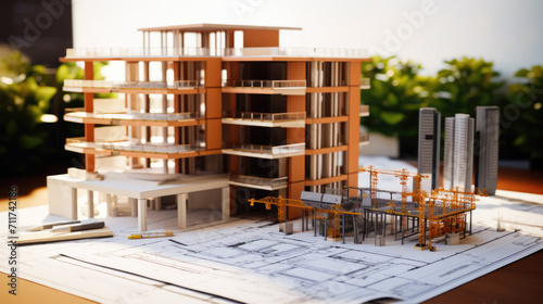 Fototapeta Detailed architectural model of a house with exposed wooden beams on top of building plans