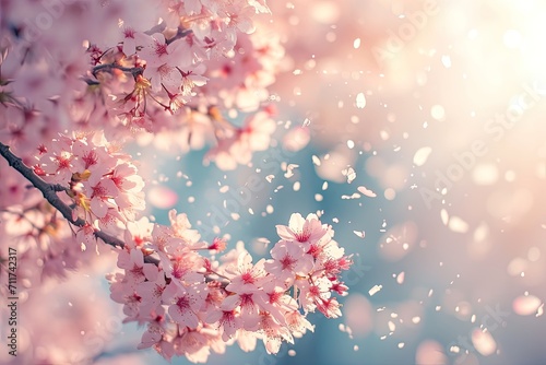 A close-up of a cherry blossom tree in soft sunlight with petals falling gently Cherry tree blossom in spring . Cherry blossom tree in bloom flowering macro detail #711742317