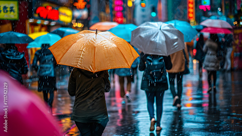 City Dwellers Walking with Umbrellas on Rainy Street