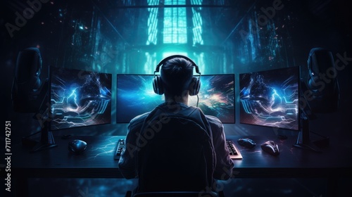 Gaming technology background. Gamer in futuristic. Game joystick. E-sports competition 