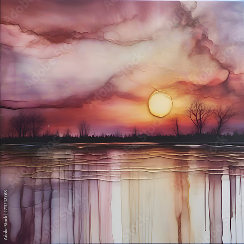 Sunset at the mouth of the river. Alcohol ink technique photo